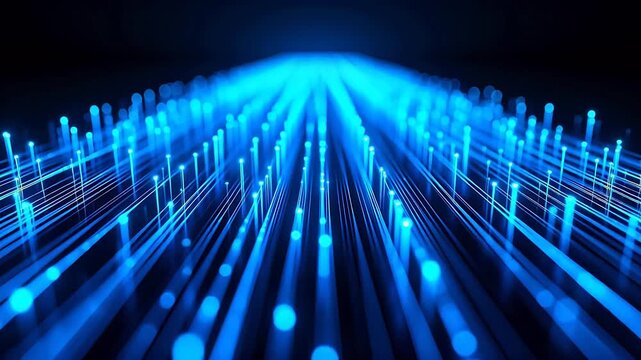 Abstract futuristic corridor with blue glowing pillars converging to center