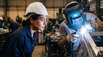 Obraz premium Welder performing welding while coworker observes in industrial workshop