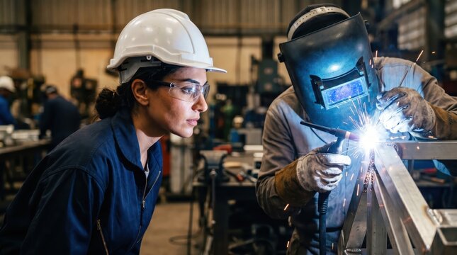 Welder performing welding while coworker observes in industrial workshop