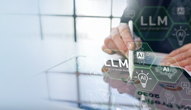 Businessman using digital tablet with LLM Large Language Model interface, AI artificial intelligence technology for data analysis and smart business solutions concept