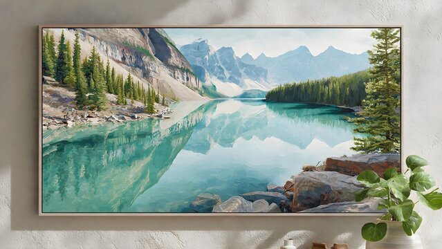 A scenic summer panorama of a green Yosemite National Park landscape featuring a mountain lake with a cloud reflection on the water and snow on the distant peaks under a blue sky