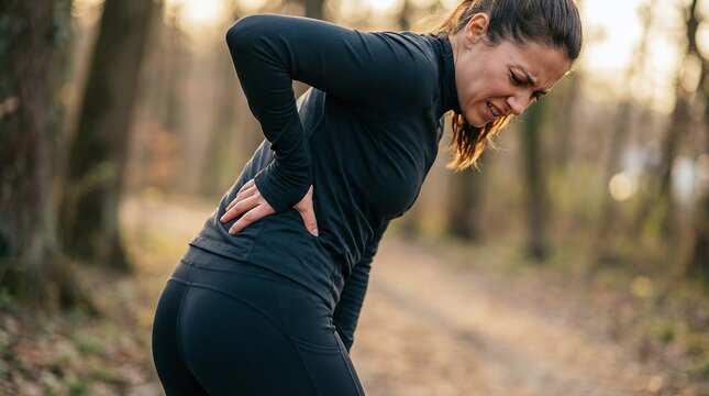 Woman suffer backache outdoor; lady runner experience painful spasm, injury, ache in lower back. Athletic female endure discomfort walk forest trail, bend body with hand on lower back
