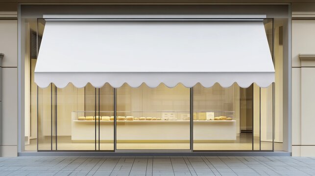 Beige storefront with white awning, clear glass display