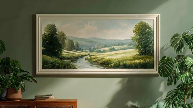 A wooden interior frame offers a peaceful view of a summer lake and blue sky reflected in the water through an empty house window
