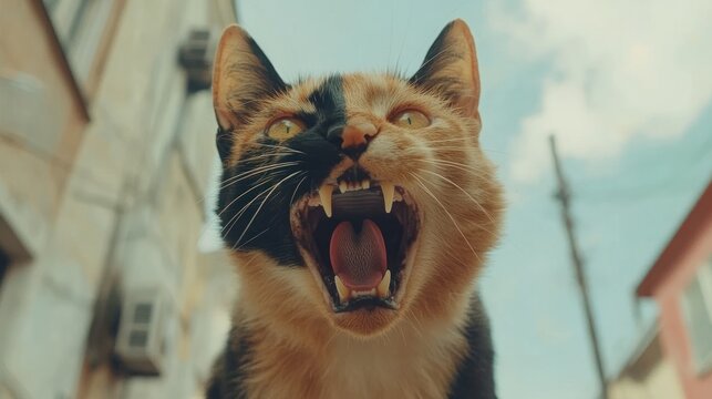 Close-up of a two-toned cat with open mouth, urban background