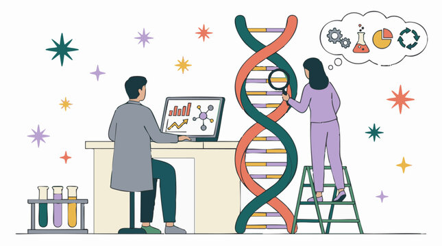 Scientists researching DNA and genetic data in a modern laboratory illustration
