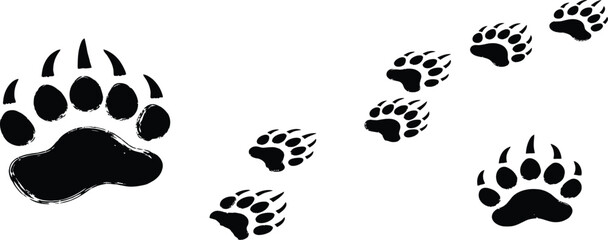 Fototapeta premium Black bear paw prints, footprints, animal tracks, wildlife symbols, vector icons