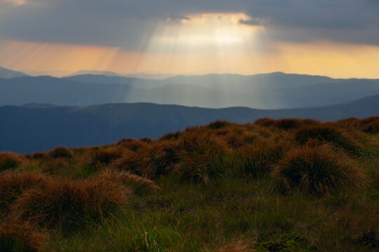 Sunrise over the Carpathian mountains, view from mountain Bliznitsya Velika 1881 m. Dragobrat, Ukraine.