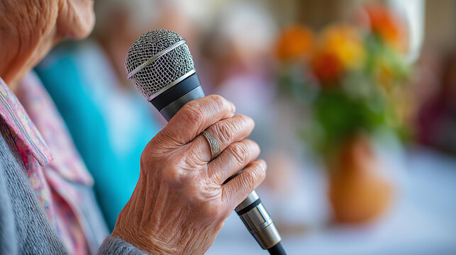 Close-up of elderly hands holding a microphone at a karaoke event in a community center, senior social activity concept, group singing hobby, joyful retirement entertainment, defocused