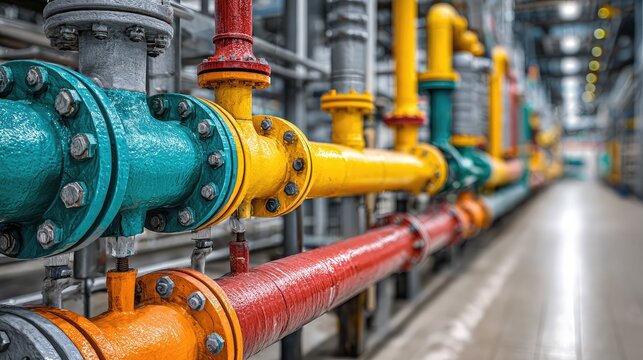 Industrial cooling system featuring painted metal pipes and flanges in a brightly lit manufacturing plant facility showing complex plumbing infrastructure network