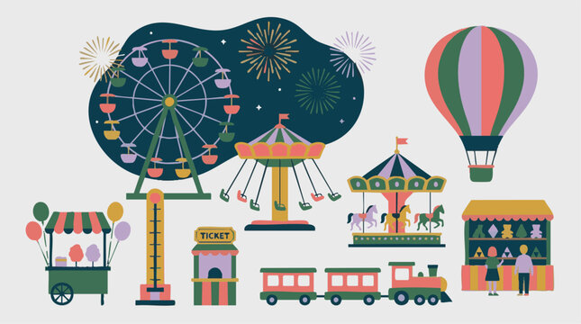 Amusement Park Illustration with Various Rides, Stalls, and Hot Air Balloon