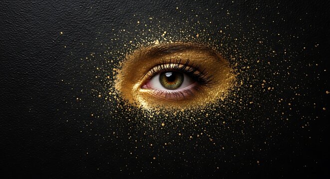 Glimmering golden dust encircles a captivating human eye, creating an illusion of ethereal beauty and enigmatic allure against a deep, dark canvas