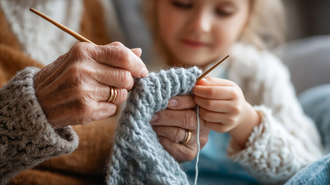 Close-up of elderly hands and young hands both holding knitting needles mid-stitch, intergenerational craft concept, senior teaching knitting, family hobby sharing, defocused background,