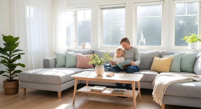 A smiling young businesswoman relaxes on a sofa at home by a window, enjoying a lifestyle of comfort while sitting with her laptop and a cup of coffee in a bright room