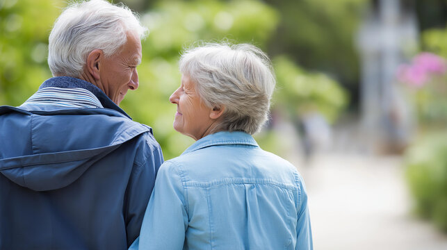 Rear view of a senior couple walking together in a park making eye contact with each other, retirement togetherness concept, active senior couple, outdoor relationship lifestyle, defocused