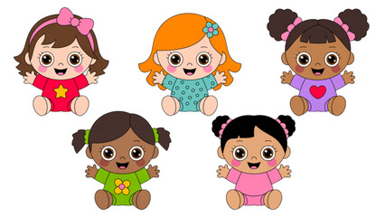 Fototapeta premium Five cheerful cartoon girls smiling