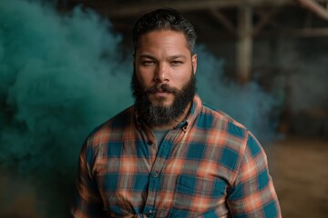 Fototapeta premium Bearded man facing camera with green smoke in warehouse