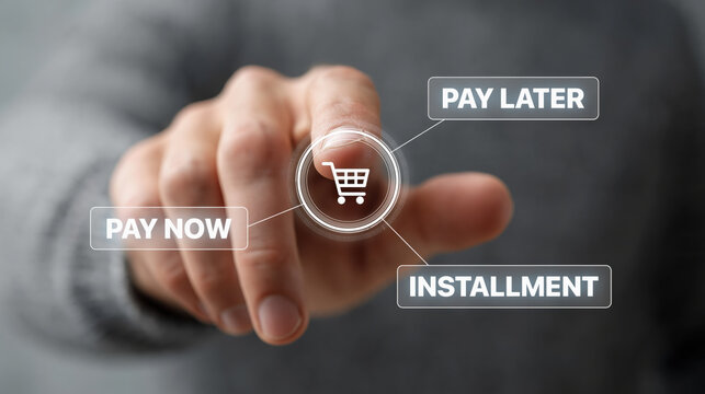 Hand touch virtual dashboard technology network displaying payment options pay now pay later installment online shopping interface modern
