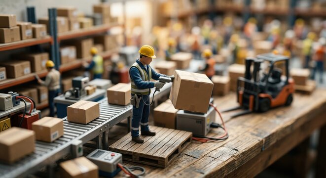 Miniature package sorting warehouse diorama