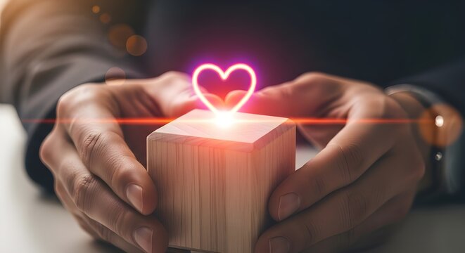 Professional hands holding a wooden block with a glowing neon heart symbol representing love and care in modern business contexts