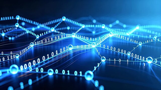 Digital data network with glowing binary numbers and curves on blue background