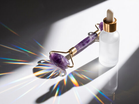 Amethyst facial roller and cosmetic serum bottle in prismatic light on neutral white background. Crystal healing, face massage and skincare concept. Close-up still life shot for poster, commercial