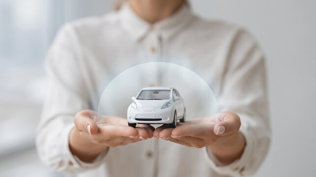 Confident person holding white model car to protect vehicle with shield offering reassuring insurance plan and safety assurance