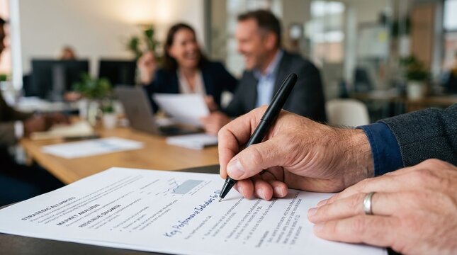 Close-up of a business professional's hand with a pen, signing documents during a corporate meeting with a diverse team in a modern office setup