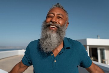 Fototapeta premium Bearded man laughing on rooftop terrace with clear sky
