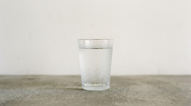 A glass of iced water sits on a table indoors.