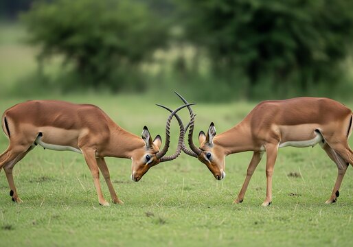 Two impalas locking horns in a grassy field