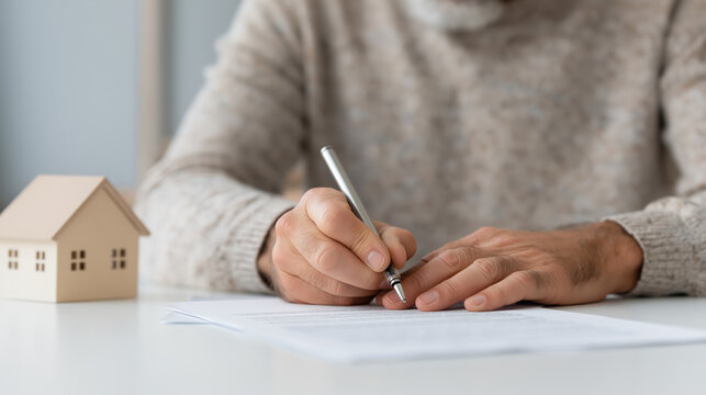 Focused person sign real estate contract with property mortgage document near wooden house model showing serious finance standard