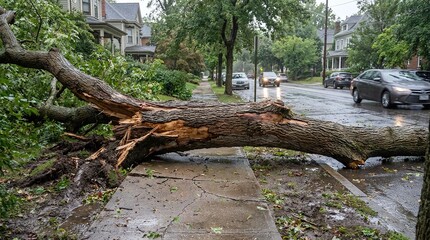Obraz premium Massive Overturned Tree Blocks Sidewalk and Road After Severe Weather Event, Showcasing Storm Damage on a Residential Street During Daytime