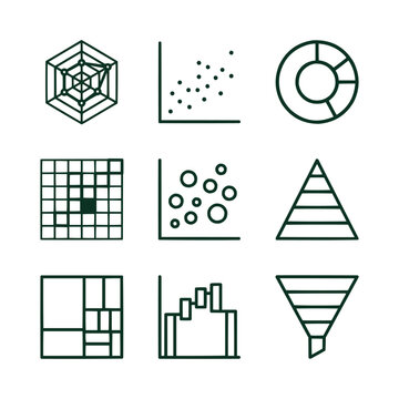 Data Visualization and Chart Types Icons Set &mdash; Spider Web, Scatter Plot, Donut Chart, Heat Map, Pyramid, Funnel Dark Outline Vector