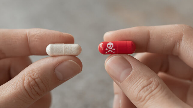 Hand left right hold white red capsule pill poison skull feeling intense fear making dangerous choice between safe cure and deadly toxic drug