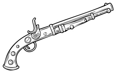 Obraz premium Detailed antique flintlock pistol illustration, weapon design, isolated object.