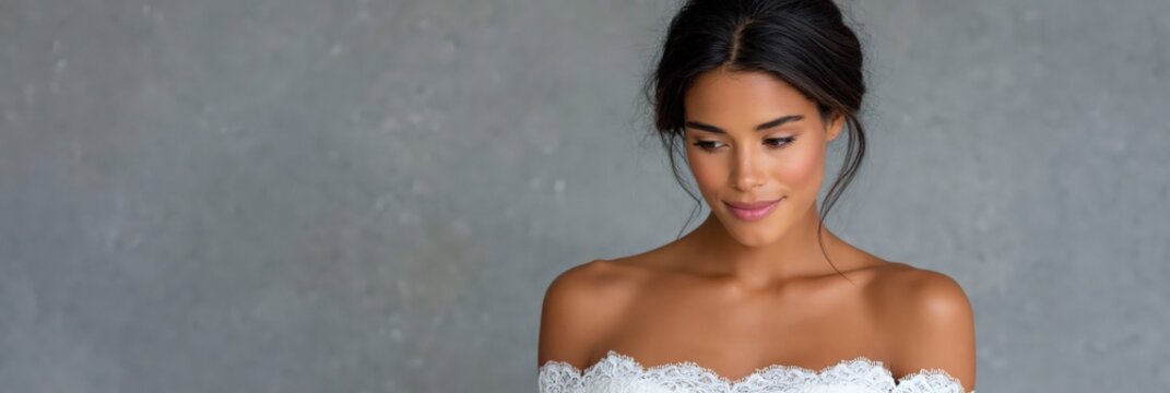 Bride in off shoulder lace dress looking downward indoors