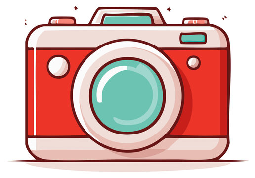 Cartoon camera illustration with red and white color scheme.
