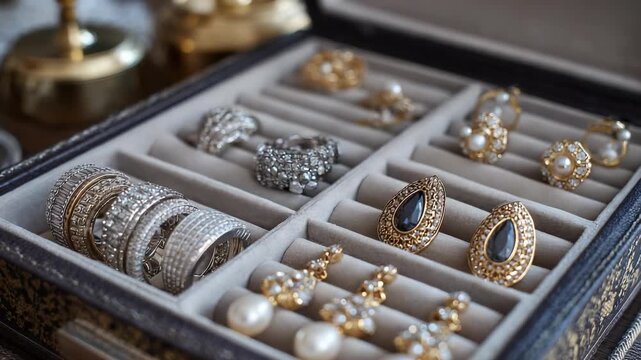 Elegant assortment of high-end diamond jewelry, including statement rings, ornate bangles, and pearl accessories, presented in a luxurious, structured display box.