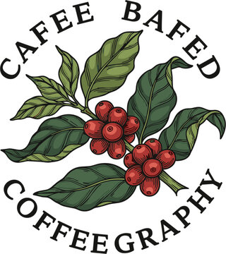 Coffee Botanical Badge Logo with Cherry Branch Leaves Vintage Typography Emblem Cafe Vector Design Collection