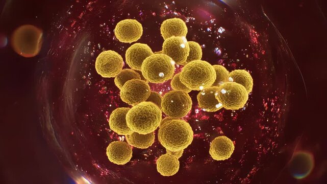 Dramatic 4K microscopic view, 1000x zoom. Clusters of golden-yellow Staphylococcus bacteria are slowly dividing and subtly shifting within a semi-viscous matrix. Light refracts through the medium, cre