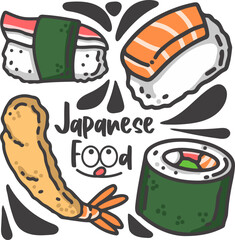Japanese Food Set Illustration with Salmon Nigiri Ebi Tempura and Maki Roll © kazanma73