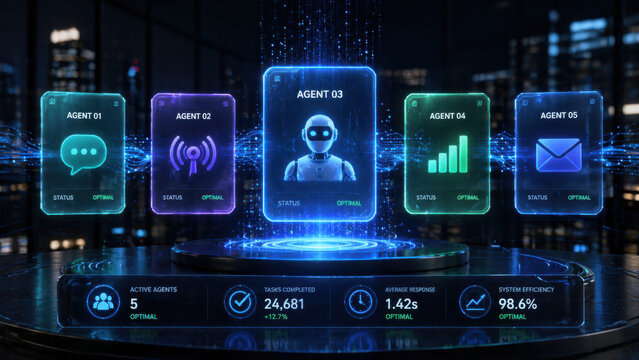 Futuristic display showcases multiple AI agents with optimal statuses, highlighting their performance metrics and flow of information digital
