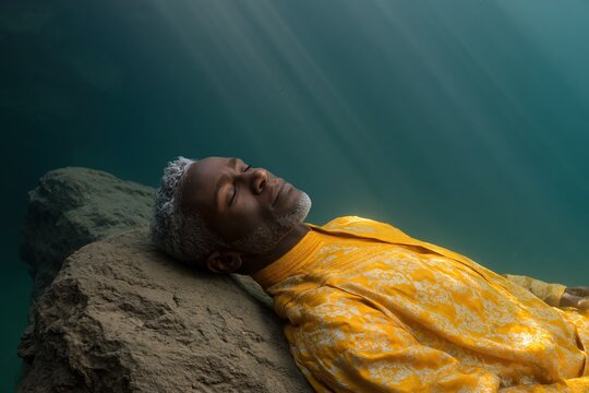 Man reclining with closed eyes on submerged rock underwater