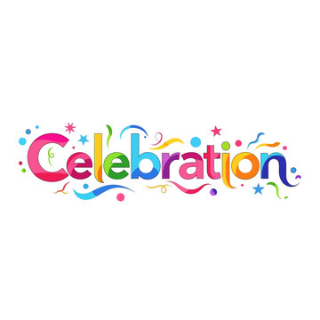 Colorful "Celebration" Text with Confetti and Stars