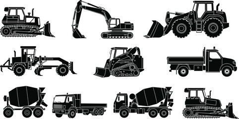 Heavy Construction Machinery Silhouette Set Featuring Excavator, Bulldozer, Cement Mixer, Dump Truck, and Loader Icons for Industrial Building Site Branding and Engineering Project Graphics © Emdadul