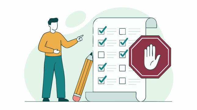 Man reviewing checklist with stop sign, symbolizing rules or incomplete tasks