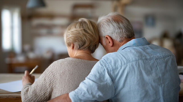 Rear view of a senior couple practicing calligraphy together at a desk, traditional art hobby concept, retirement creative activity, shared cultural craft, defocused background, with copy
