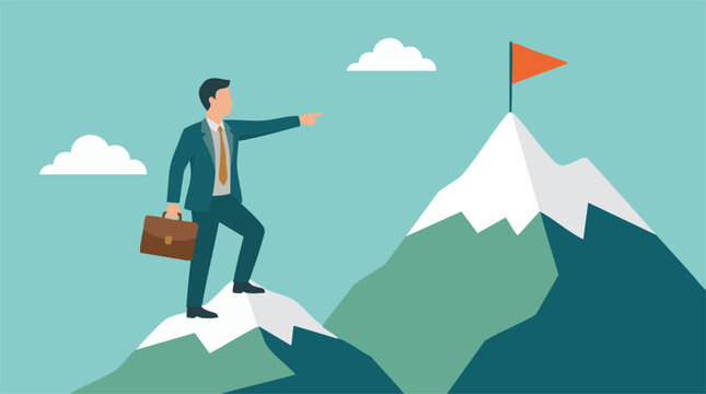 Businessman on mountain pointing to target flag, leadership and success