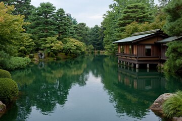 Obraz premium Pavilion over calm pond reflecting surrounding pine tree landscape